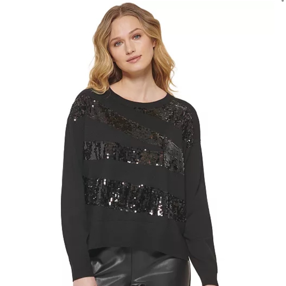 New DKNY ​MEDIUM Zig Zag Embellished Sequin Crew Neck Long Sleeve Black Sweater